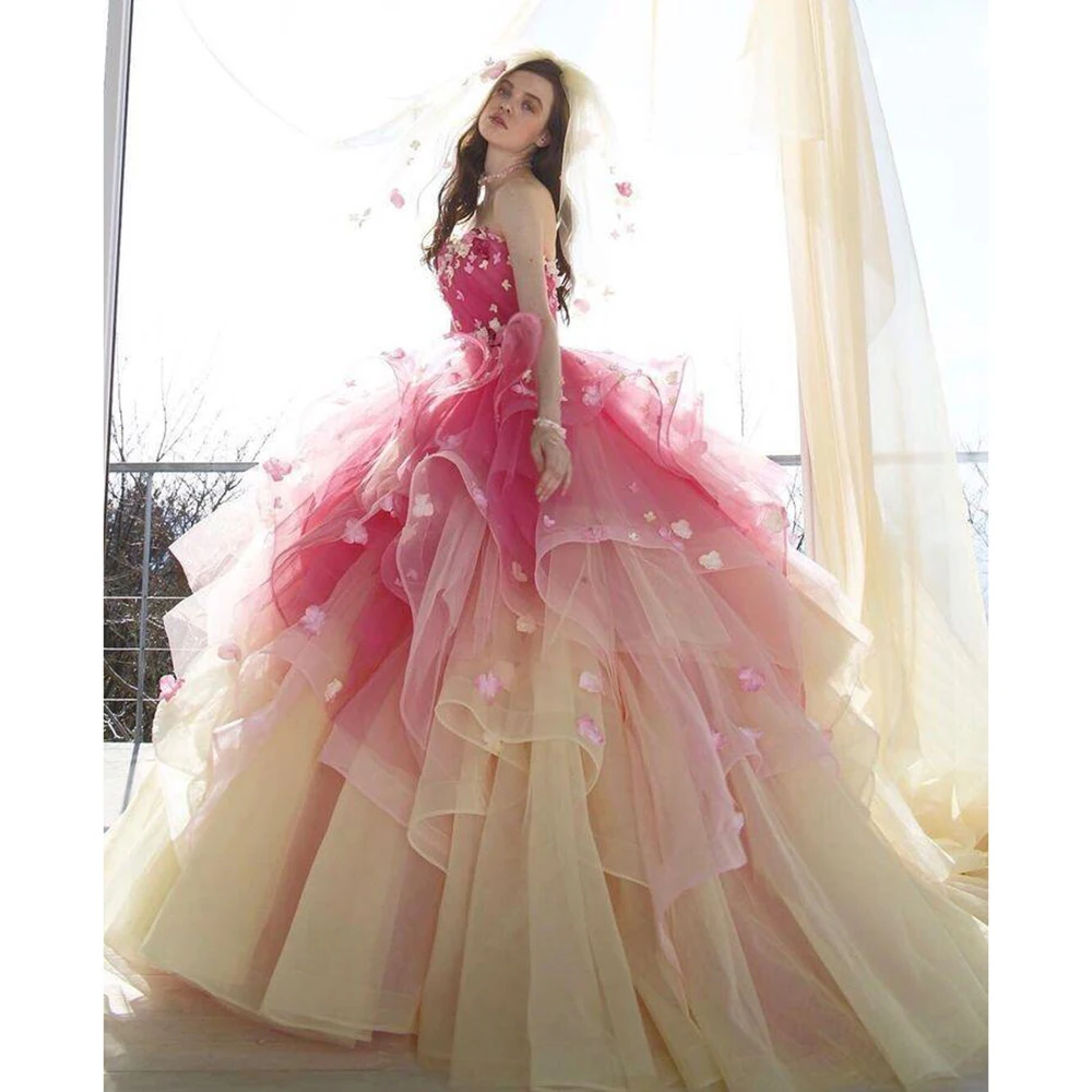 Beautiful Strapless Princess Evening Dress Exquisite Applique Performance Pageant Party Prom Dresses