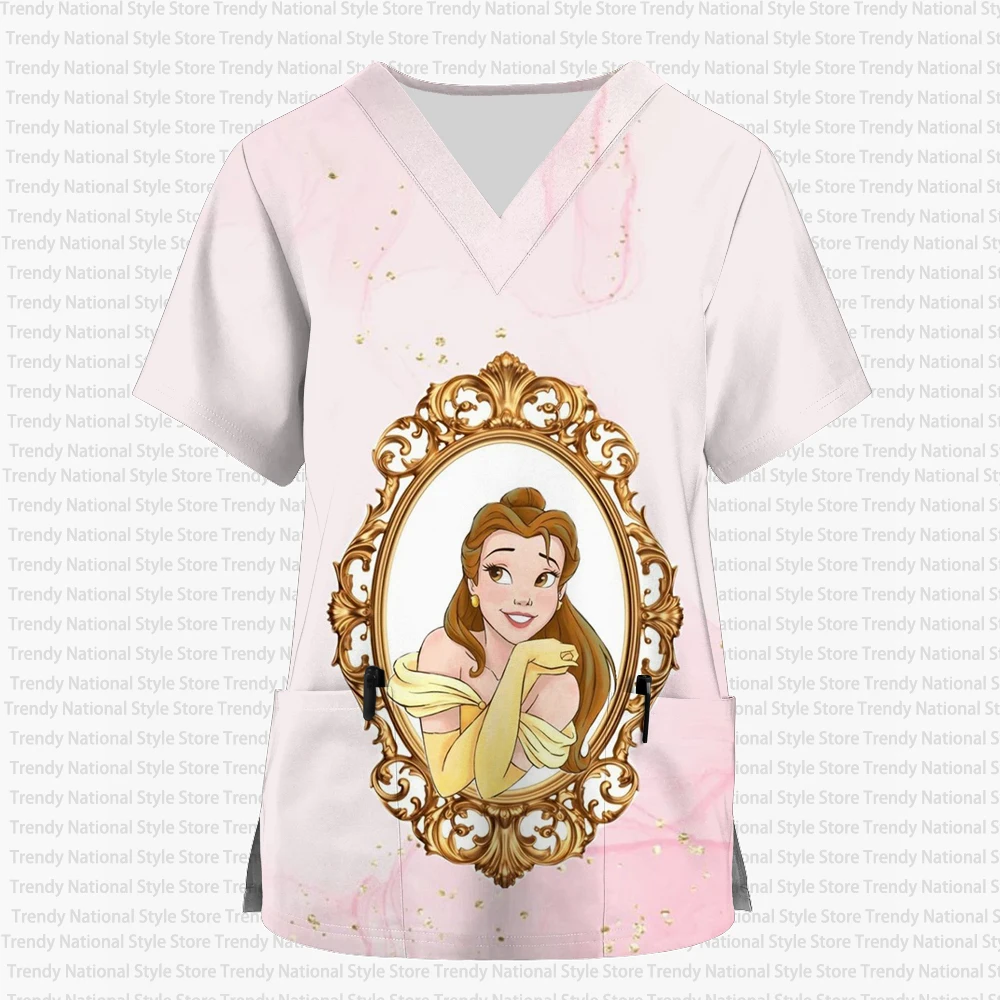 Damska bluzka pielęgniarska z nadrukiem, dekolt w serek, krótki rękaw, matowa, motyw Disney Belle Princess, koszulka damska do szpitala, sklepu zoologicznego.