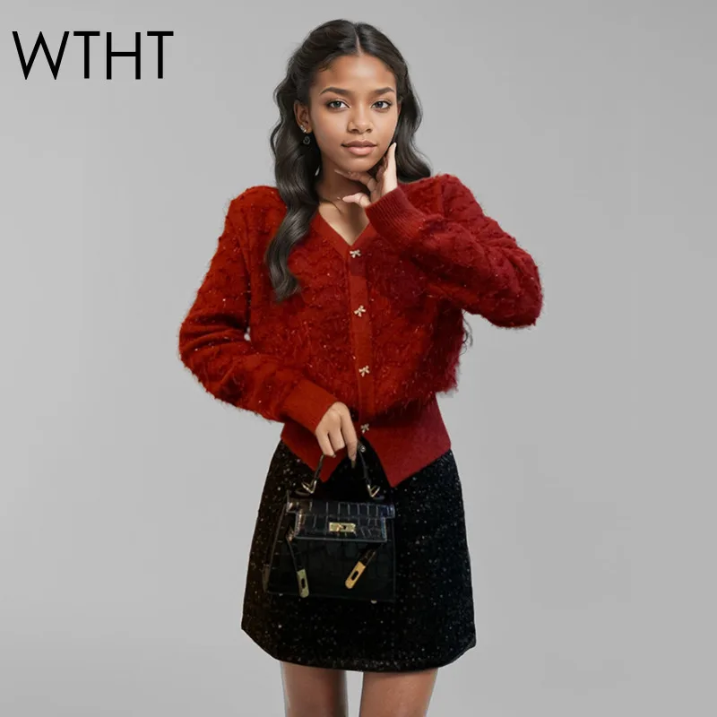 

WTHT, новый модный женский плюшевый вязаный кардиган с лямкой на шее и блестками, мини-юбки с высокой талией и запахом, женские весенние 2021, 1LS1016