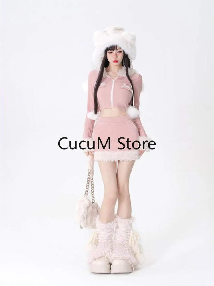 2023 Autumn Pink Japanese Kawaii 2 Piece Skirt Set Y2k Crop Tops Cardigan + Casual Bodycon Mini Skirt Women Suits Outwear Chic