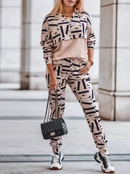 2024 Women Two Piece Set Outfits Autumn Women Tracksuit Geo Letter Print Long Sleeve Top & Pants Set Casual 2 Piece Woman Set