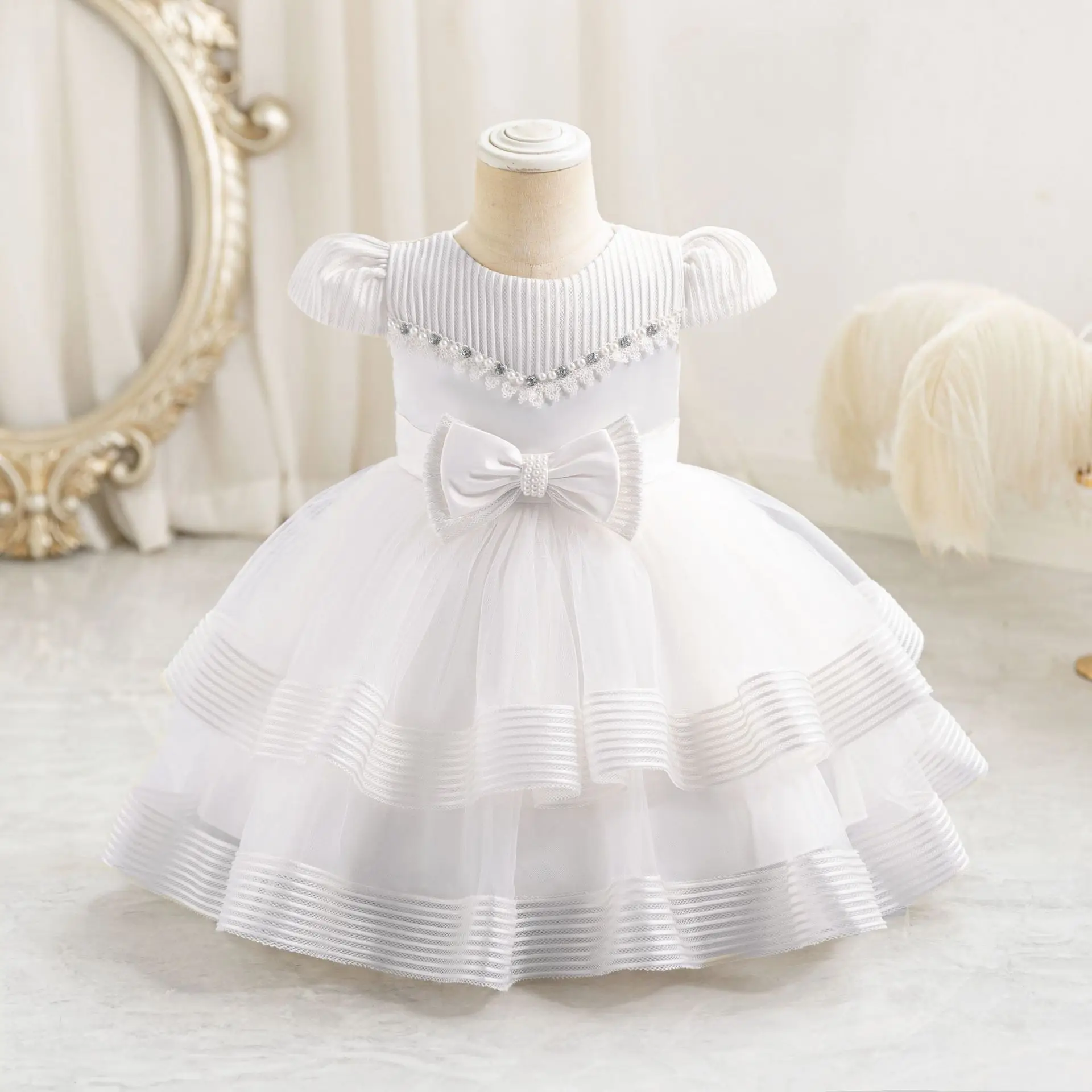 HETISO Striped Girls Wedding Party Dresses Baby Christams Holiday Layered Gown Toddler Kids Beading Clothes 6M-4 Years image 4