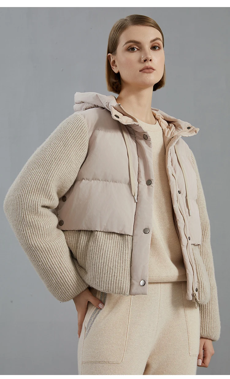 BC800 High Quality Luxury Wool Patchwork White Goose Down Jacket Winter Women's Clothing