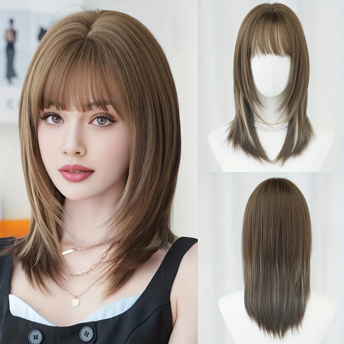 

Regular Wig, Shoulder-Length Straight Dark Brown with Bangs, High-Layered Wolf Tail Hairstyle Wig, Suitable for Women's Synthetic Wigs
