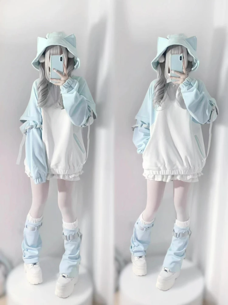 Japanese Contrast Cat's Ears Hoodies Women Y2k Aesthetic Patchwork Grunge Coat Loose Detachable Sleeve Sweatshirt And Leg Warmer