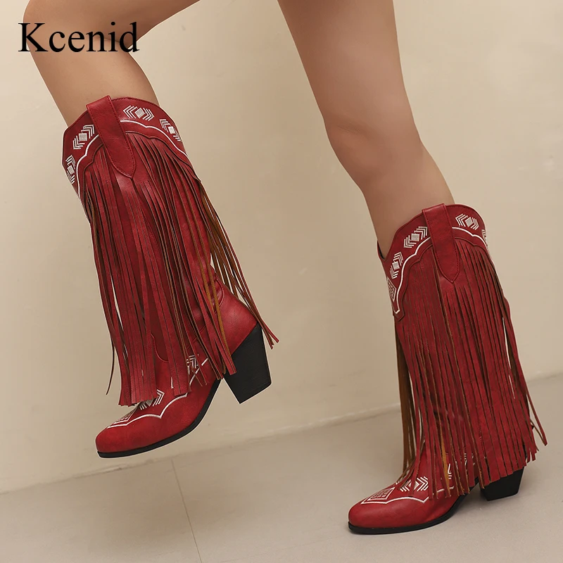 

Kcenid Western Style Cowboy Boots For Women Stage Show Retro Embroidery Tassels Long Boots 2026 Winter Soft Leather Knight Shoes