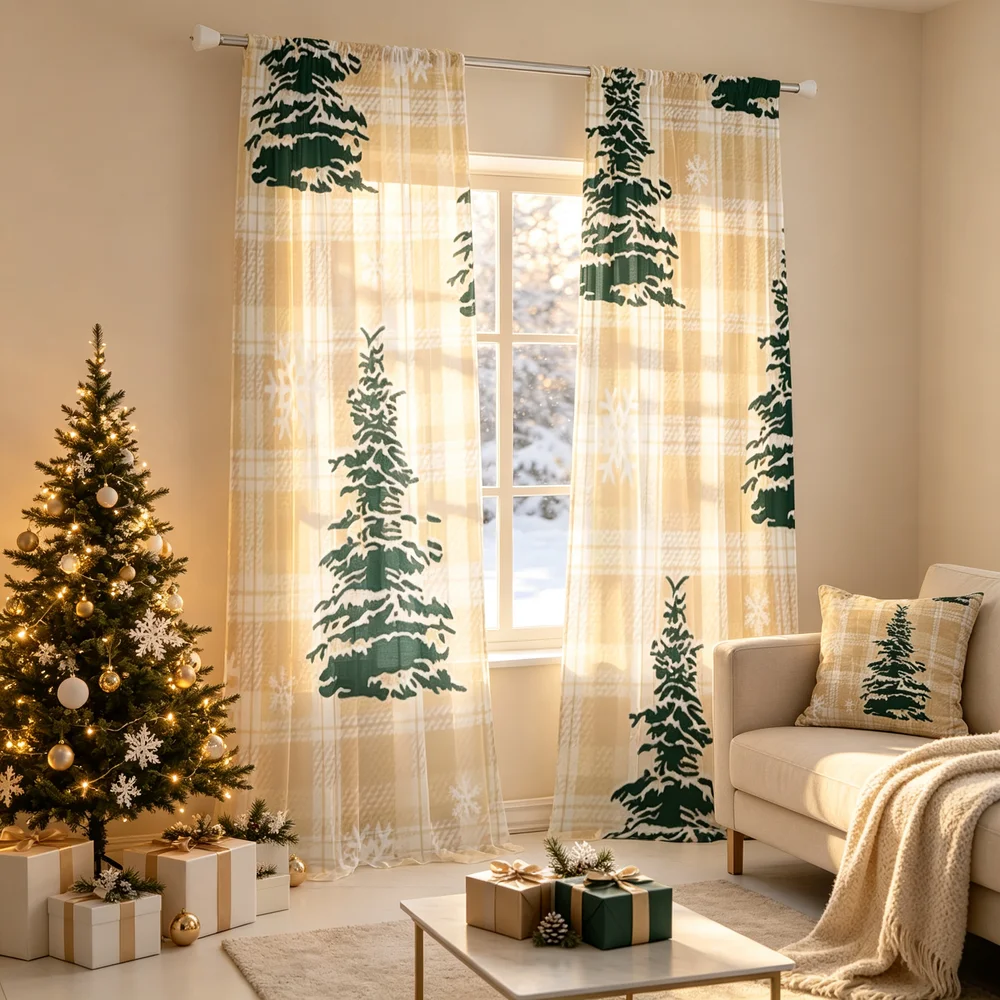 2PCS Christmas Curtains, Plaid Trees Snowflakes Print, Bedroom Living Room Window Drapes, Rod Pocket Polyester, Home Decor