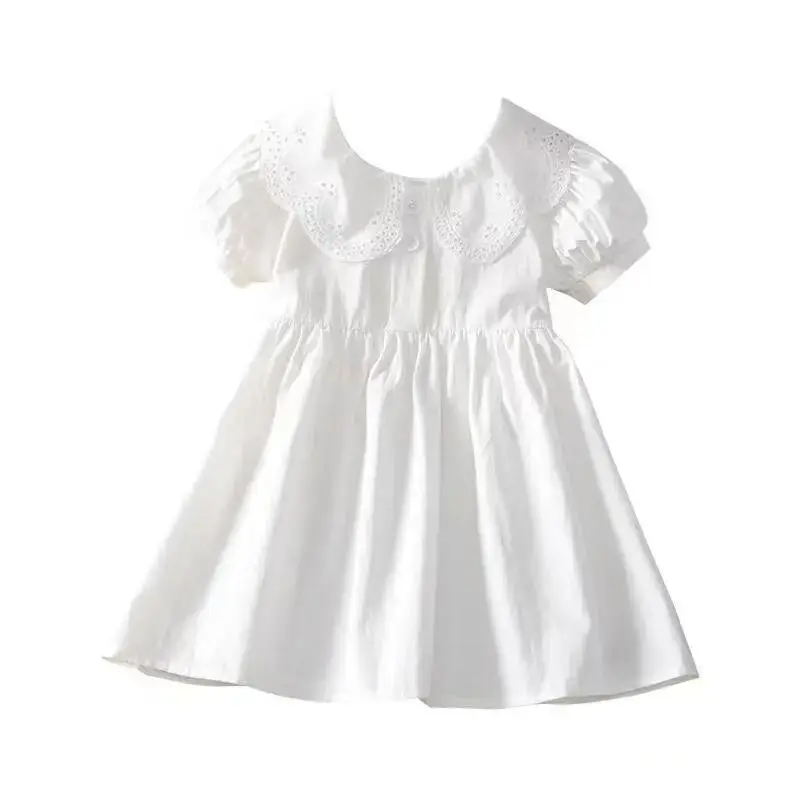 Children\'s Solid White Dress Summer 2023 New Girls\' Baby Short Sleeve Lapel Princess Dress Cotton