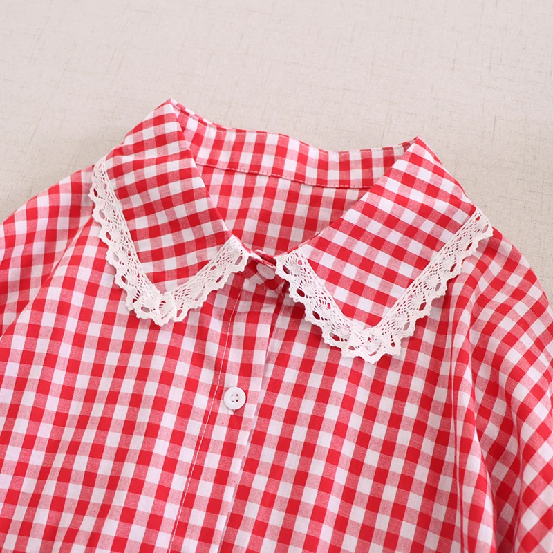Spring New Japanese Sweet Mori Girl Plaid Lace Embroidery Patchwork Cotton Shirts Women Cute Peter Pan Collar Long Sleeve Blouse