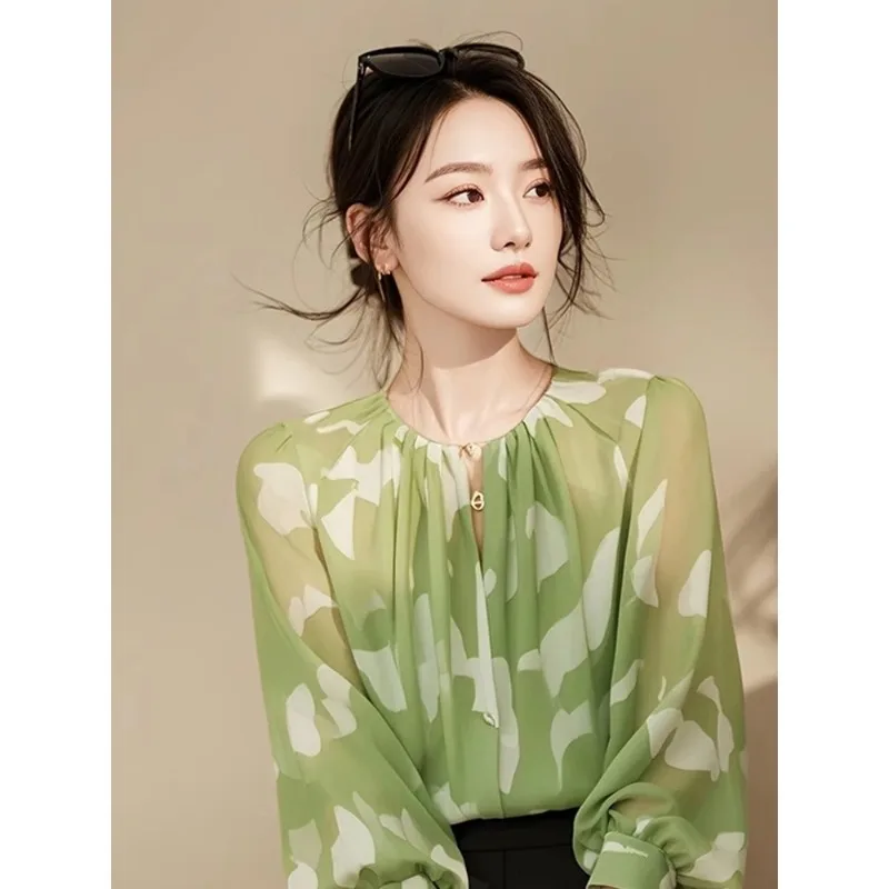 Women Clothes Spring Autumn Fashion Simplicity Elegant Printing O-neck Chiffon Women Shirts All-match Temperament Long Sleeve To