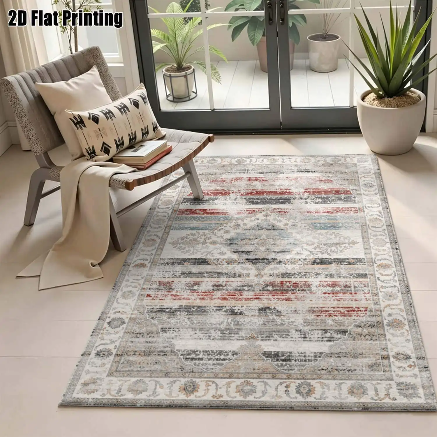 1Pc 2D Printed Carpet: Dark Grey Base, Brown-Tone Retro Scroll Floral Pattern European/Retro/Bohemian Style, Home Decor, Multiple Sizes, Machine Washable, Multi-Scene Use.