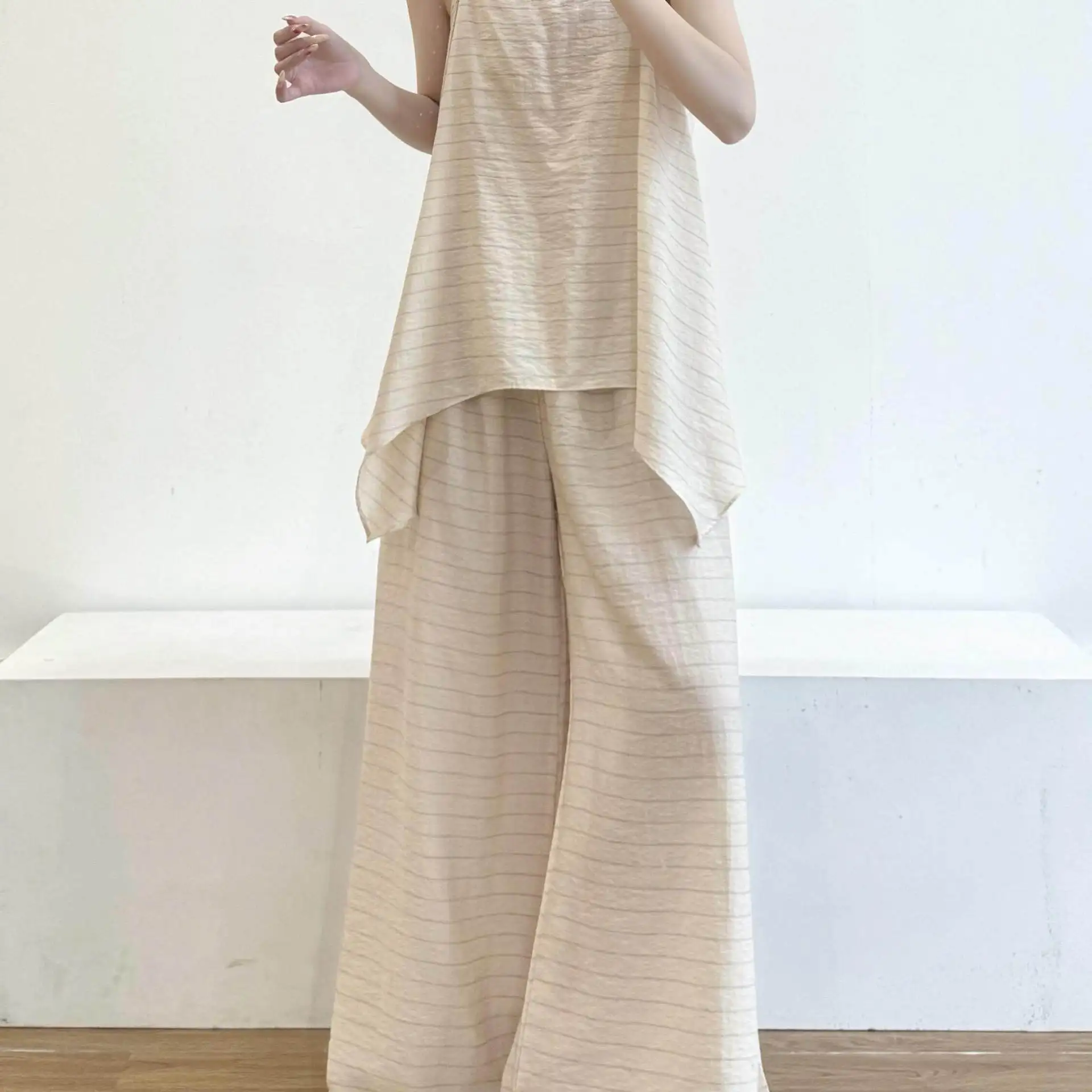 

Striped Contrasting Color Suspender Pajamas Women's 2026 Summer New Large Size Trousers Casual Loungewear Two-piece Set