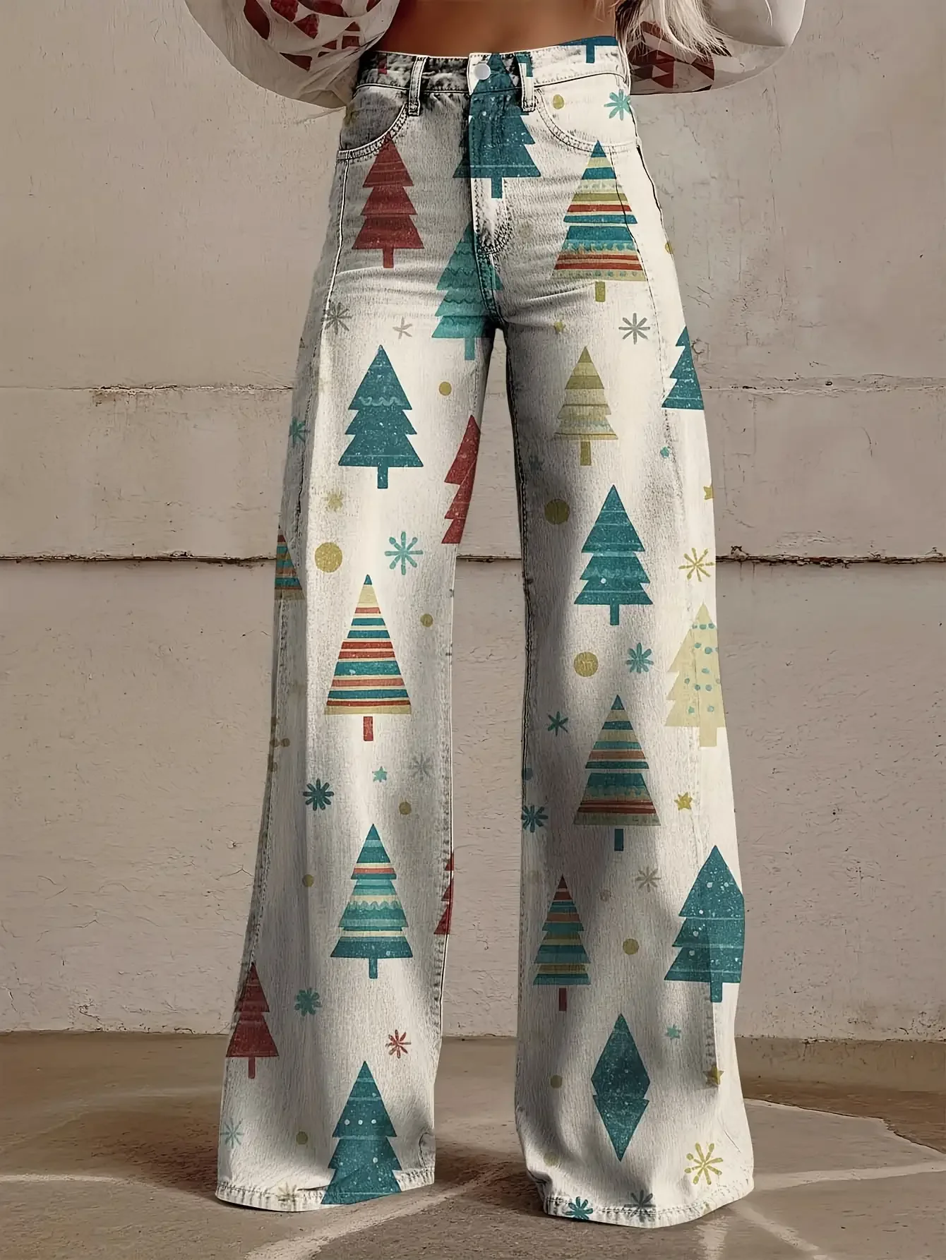 Ladies' new Christmas printed jeans made of imitation denim fabric, Slimming pants are suitable for pairing with denim jackets