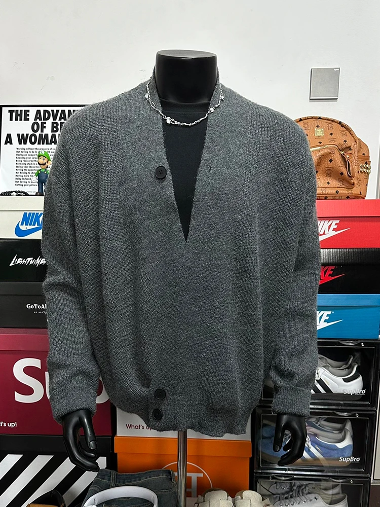 

ay Large V-Ne Knitted Sweater Men's Sle Autumn Winter Outerwear Casual Loose Fit Polyester Fiber Long Sve Knit Cardigan