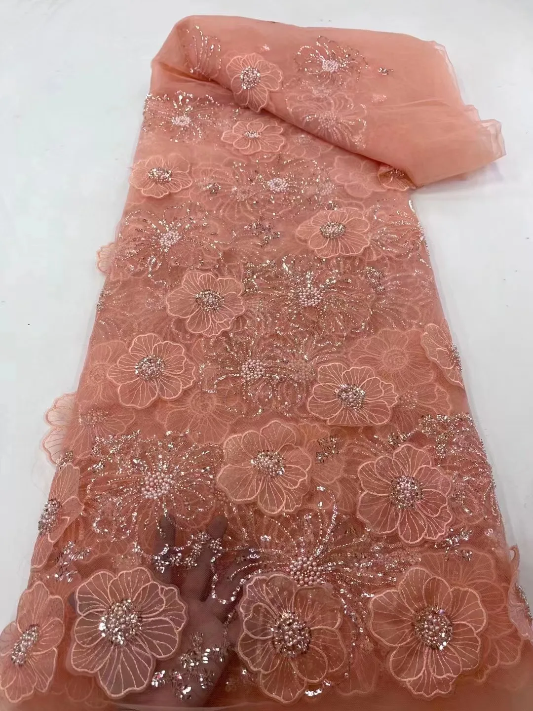 High-end Luxury French 3d Lace Fabric with Flower Applique Fabric African Nigerian Sequins Beaded Fabrics for Sewing Gown 5 Yard