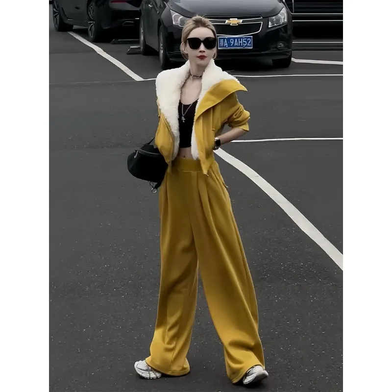 

Пригородный костюм в стиле ретро, женский 2026, осенне-зимний новый бархатный утолщенный термосвитер с большими лацканами, повседневные брюки, комплект из двух предметов