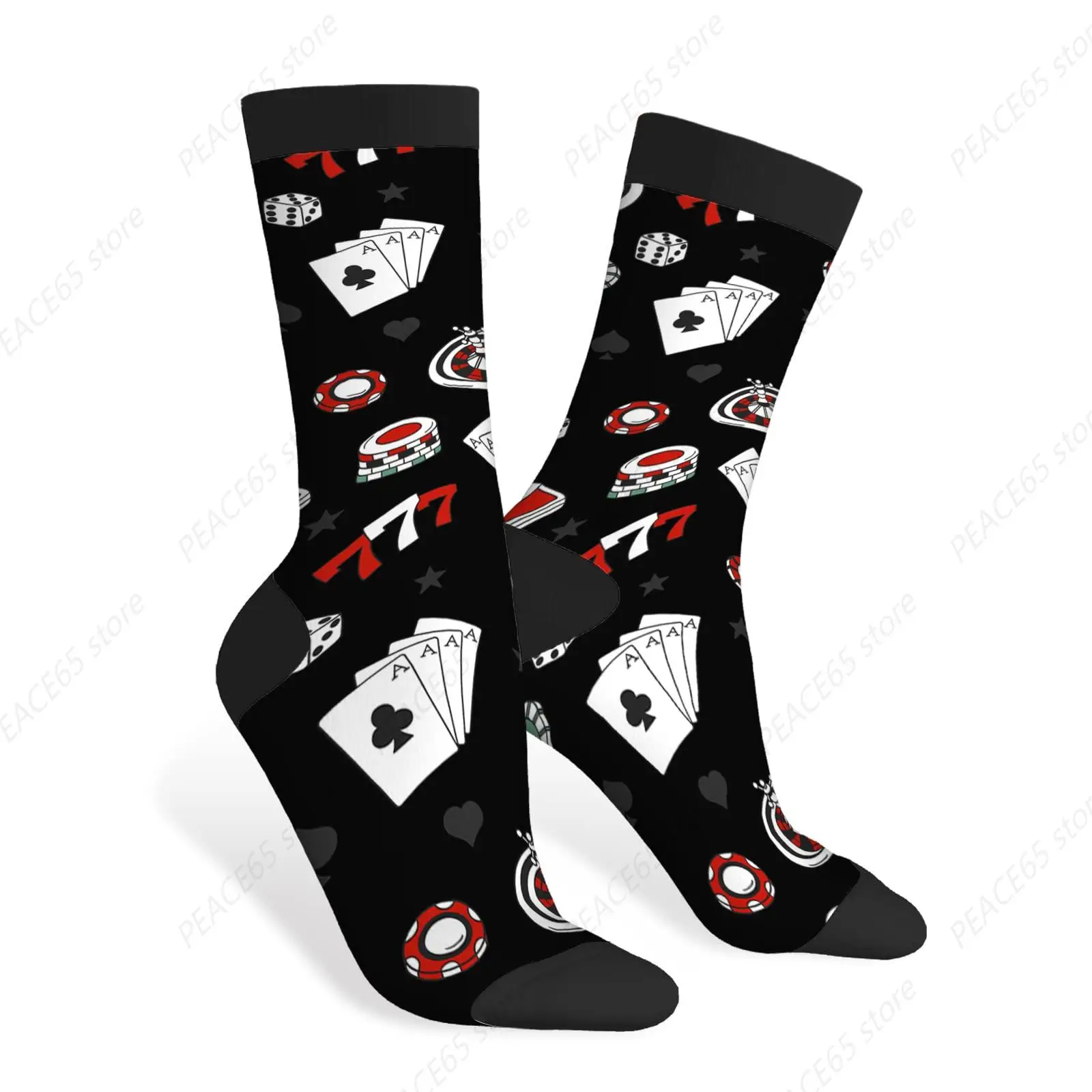 Vintage Casino Funny Socks Gambling Chips Royal Flush of Spades Poker Hand Falling Playing Cards Novelty Casual Crew Socks