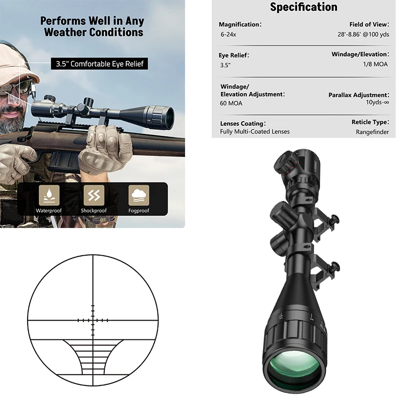 MidTen 6-24x50 AO Scope Red Green Illuminated Long Range 1 inch Tube SFP Optics Sight   for Picatinny Hunting