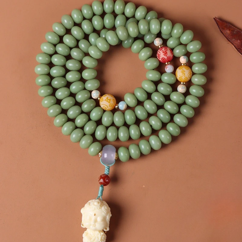 

Natural light green Bodhi bracelet 108 bracelets necklace long tassel running ring Wenwan handheld