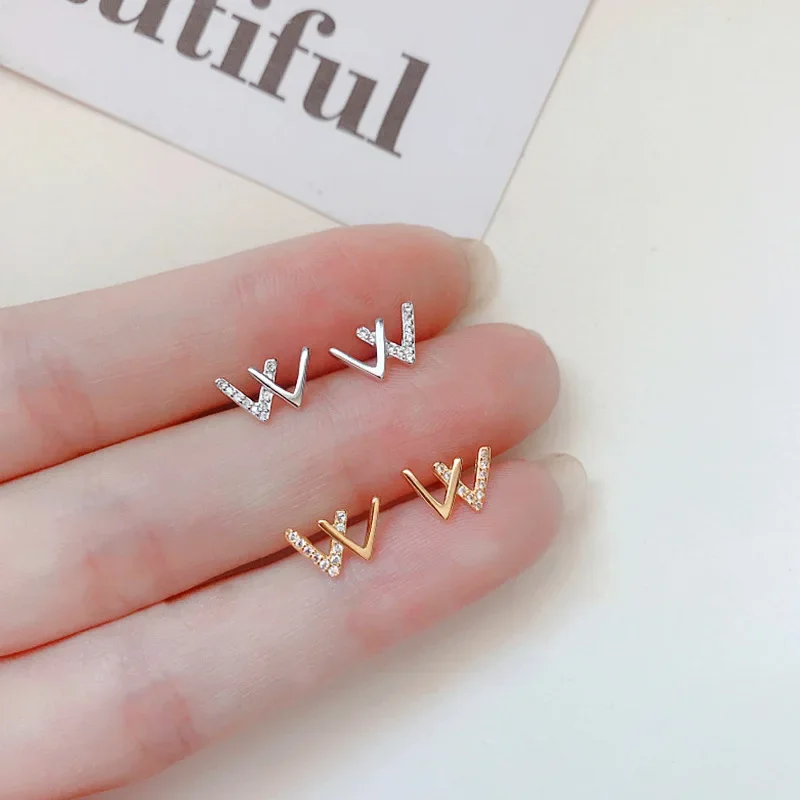 

925 Sterling Silver Plated Gold Crystal W Earrings Women Simple Fashion Wedding Jewelry Accessories