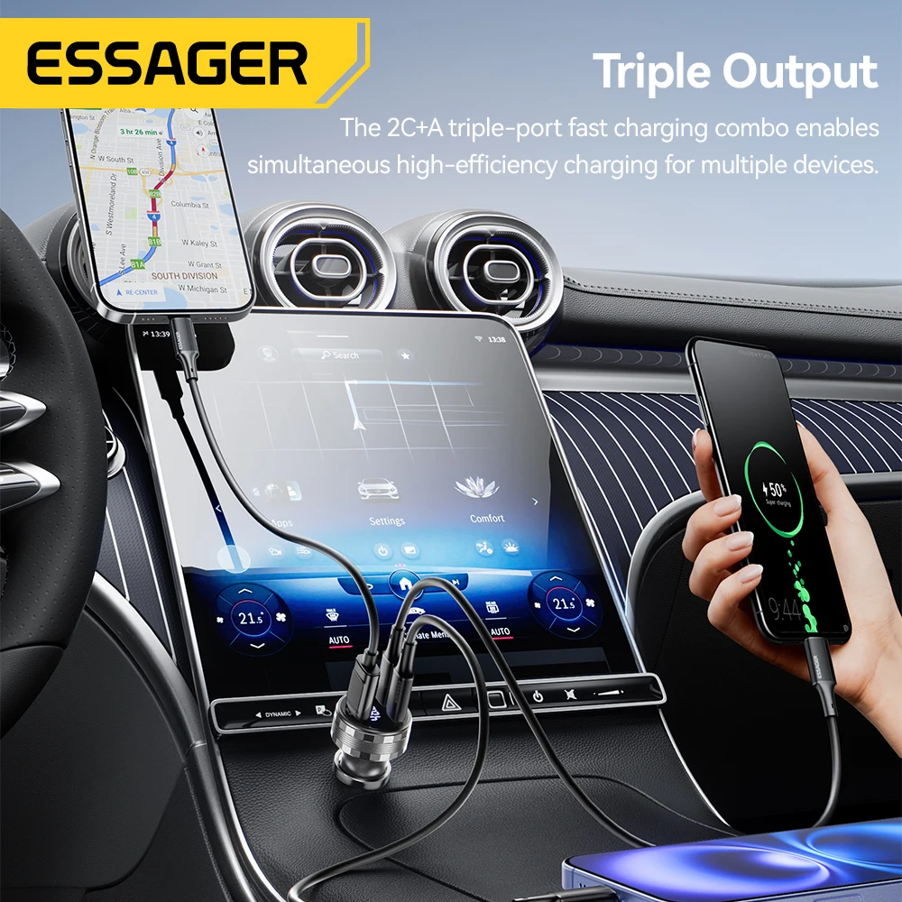 Essager 108 واط 3 منافذ USB شاحن سيارة شاشة ديجيتال PD3.0 شحن سريع شحن سريع 3.0 محول آيفون 16 15 شاومي سامسونج #3