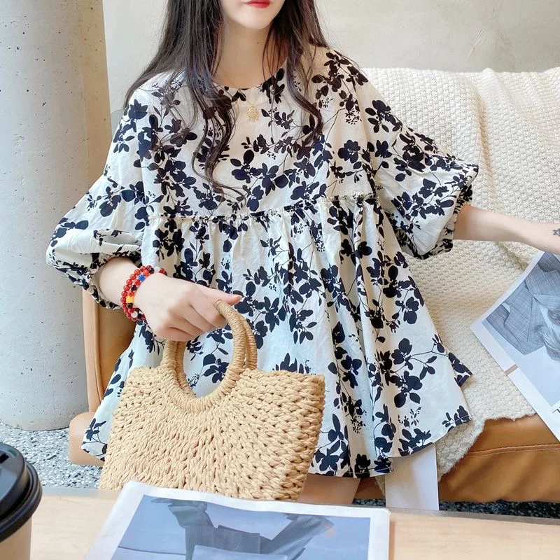 Korean Fashion Loose Pullovers Blouse Round neck 3/4 Lantern sleeve Floral Pritned shirt Casual Women Tops