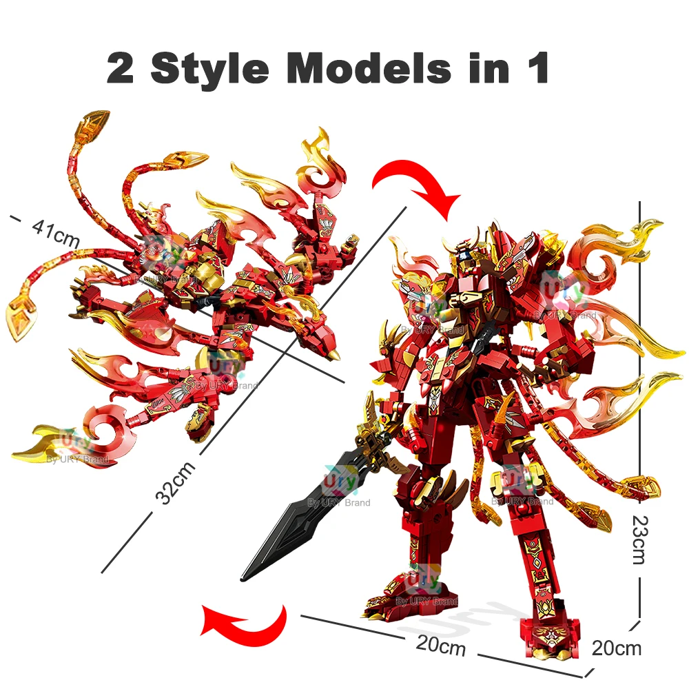 2in1 Ninja Movie Red Warrior Robot Battle Mecha Flying Fire Dragon Set Fighter Building Blocks Toy for Kid Boy Christmas Gift