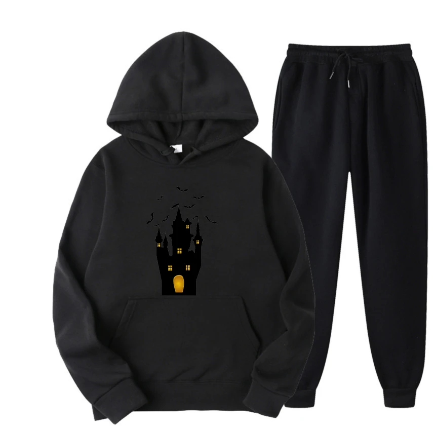 

2025 Black gloomy castle doodle print suits Spring And Autumn Casual Man Hoodie Sweatshirts Comfortable Stylish Mens Outfit sets