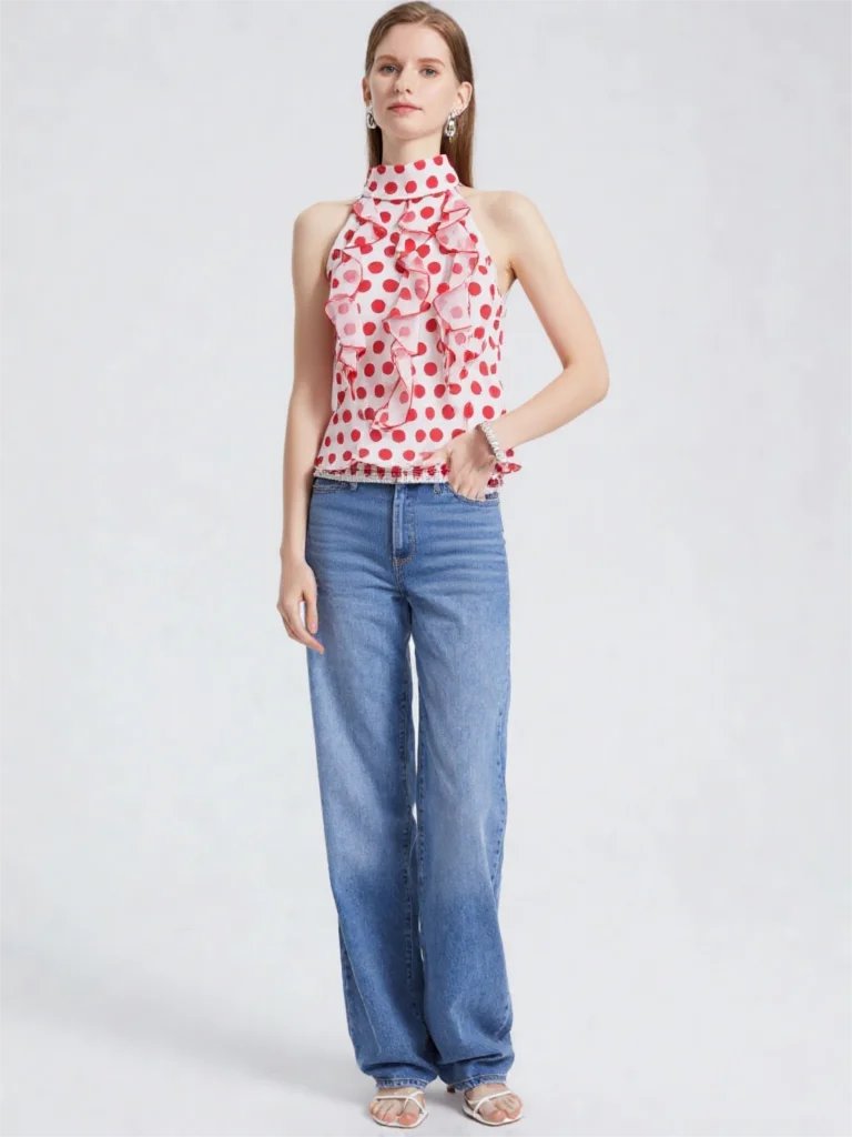 Y2k Woman Clothes High Collar Red Dot Women's Tanks Summer Sweet Sleeveless Ruffles Tops Work Wear Female Clothing
