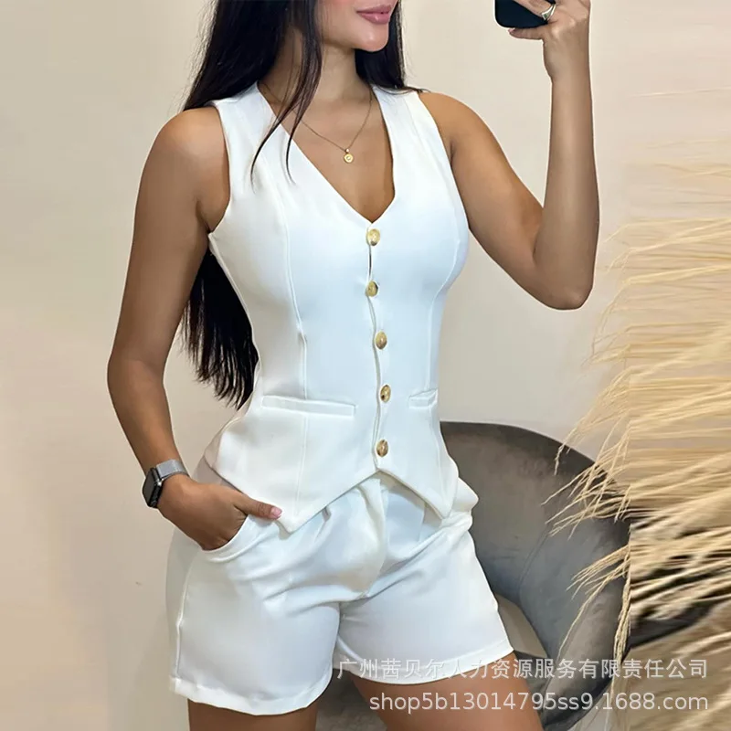 Buttoned V-Neck Vest & Pocket Design Shorts Set Women Sleeveless Tank Top High Waist Shorts Pants Summer