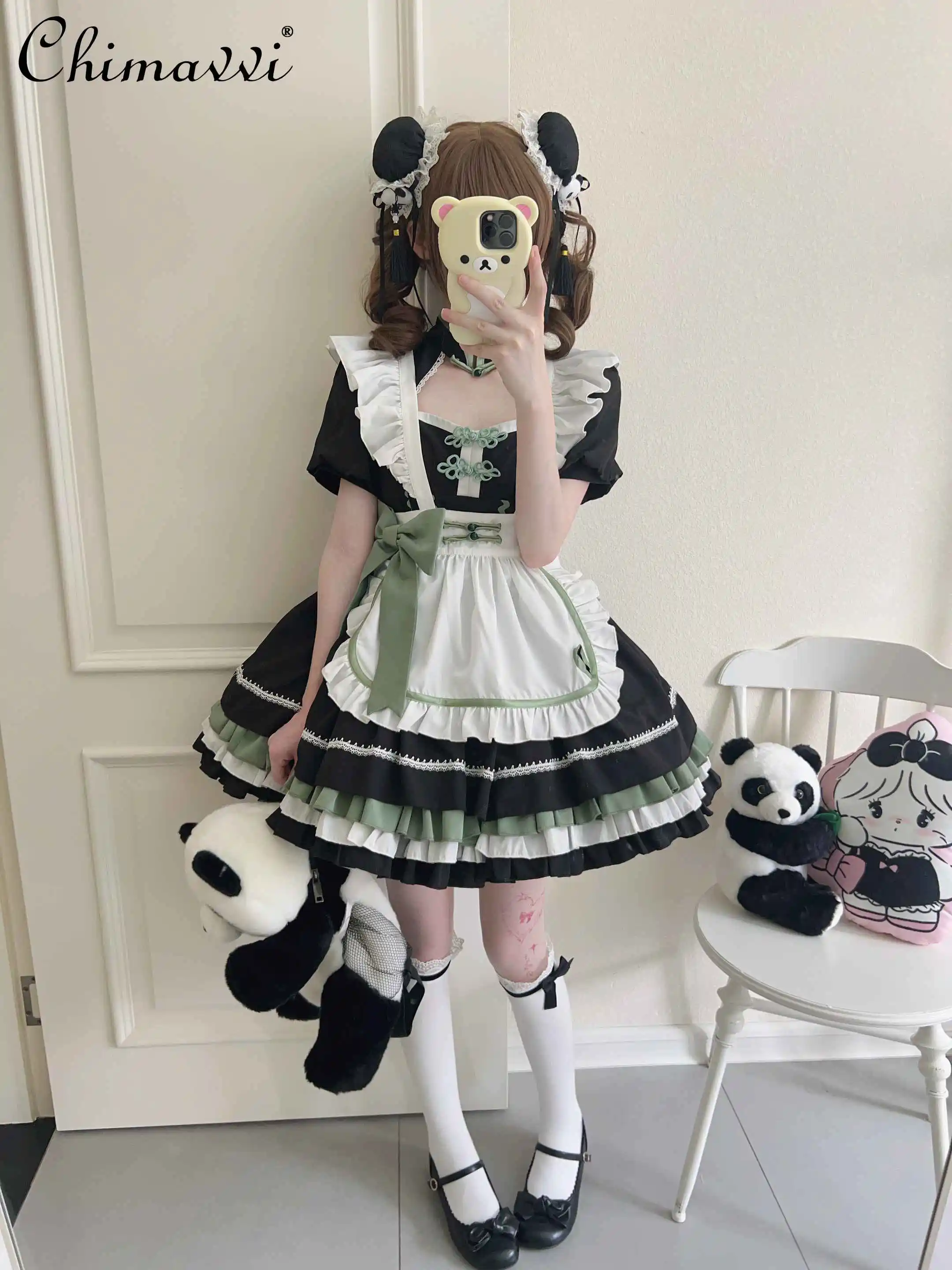 Oryginalna sukienka Lolita Maid Summer New Chinese Style Women Cute Girls Short Sleeve Bucket Op Dress with Apron Leg Warmer Outfits