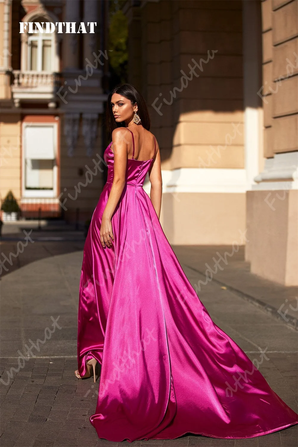 Findthat Sexy Deep V-Neck Evening Formal Dress 2024 Sleeveless High Waist A-Line Side Split Satin Bridesmaid Gowns Sweep Train