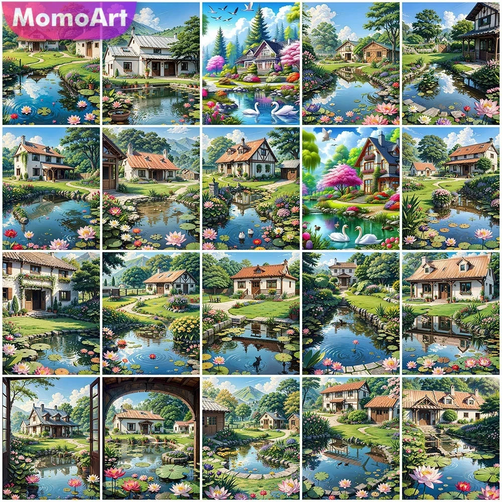 Momoart DIY Diamant Malerei Haus volle runde Diamant Mosaik See Garten Stickerei Dorf Landschaft Wand kunst