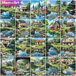 MomoArt DIY Diamond Painting House Full Round Diamond Mosaic Lake Garden Embroidery Village Landscape Wall Art