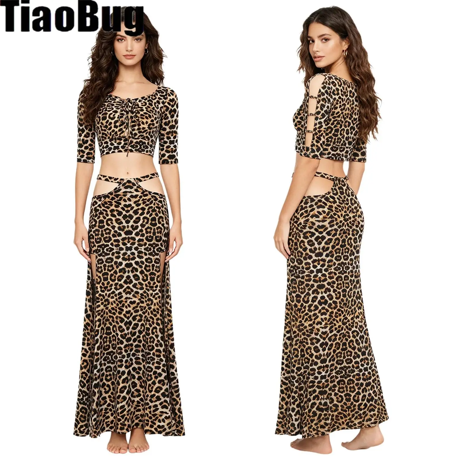 

Womens Printed Belly Dance Dress Set Hollow Half Sleeve Front Drawstring Crop Top And Cutout Waist Split Hem Skirt with Shorts