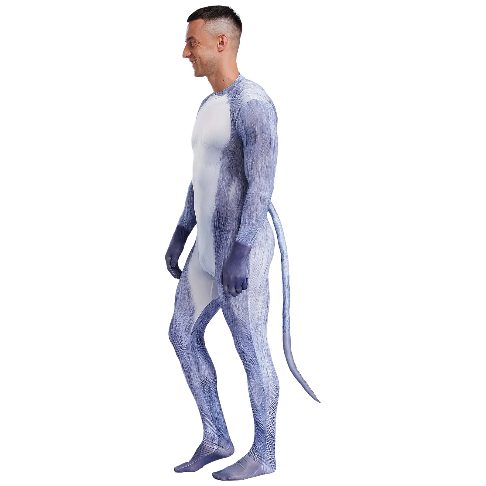 Men 3D Printed Animal Bodysuit Gloved Sleeve Jumpsuit Cosplay Costume Padded Tail Zipper Jumpsuits Catsuit for Halloween Parties