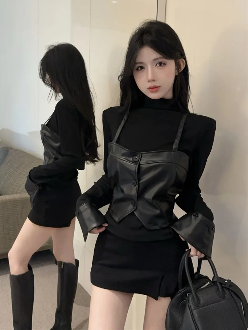 

American Style Spicy Girl High Collar Slim Fit Base T-Shirt Women's Autumn Winter Leather Single Button Halter Top Two Piece Set