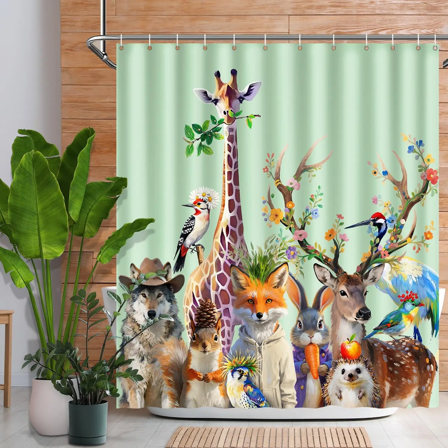 Forest Animal Group Shower Curtain, Colorful Cartoon Wildlife Floral Art Print Waterproof Bath Curtain Complete With Hooks
