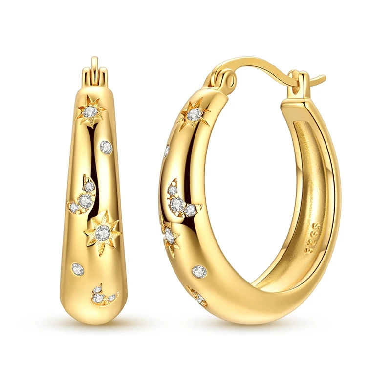 925 Sterling Silver Gold‑Tone Celestial Sun Moon Star Hoop Earrings Paved CZ Huggie Ear Buckle Hopeful Blessing Jewelry Gift