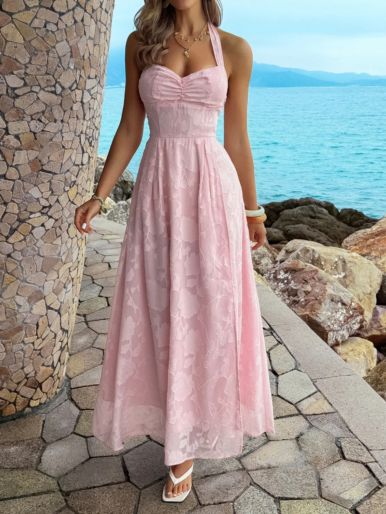 Women's Dress Summer New Elegant Temperament Vacation Style Flower Embossed Mesh Splicing Low Cut V-Neck Hanging Neck Dress