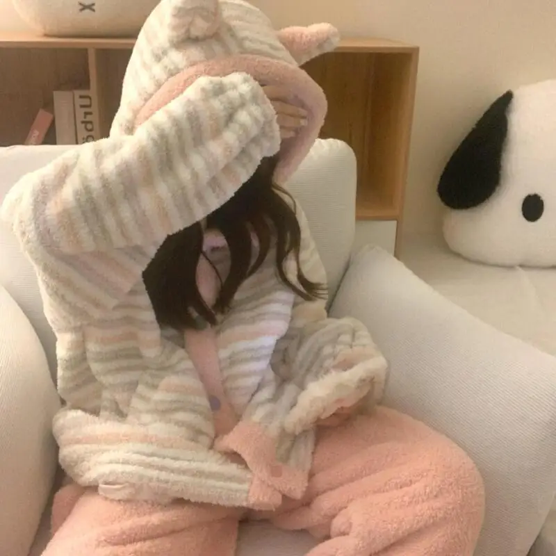 

Kawaii пижамный костюм для девочек, весенне-осенняя новая женская одежда для сна на флисовой подкладке с капюшоном, коралловый флис, домашняя одежда, утепленная ночная рубашка