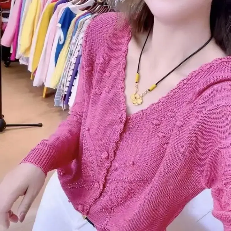 

Корейский модный розовый кашемировый свитер с v-образным вырезом, женский осенний новый элегантный свободный женский кардиган, вязаная верхняя одежда, повседневная женская куртка