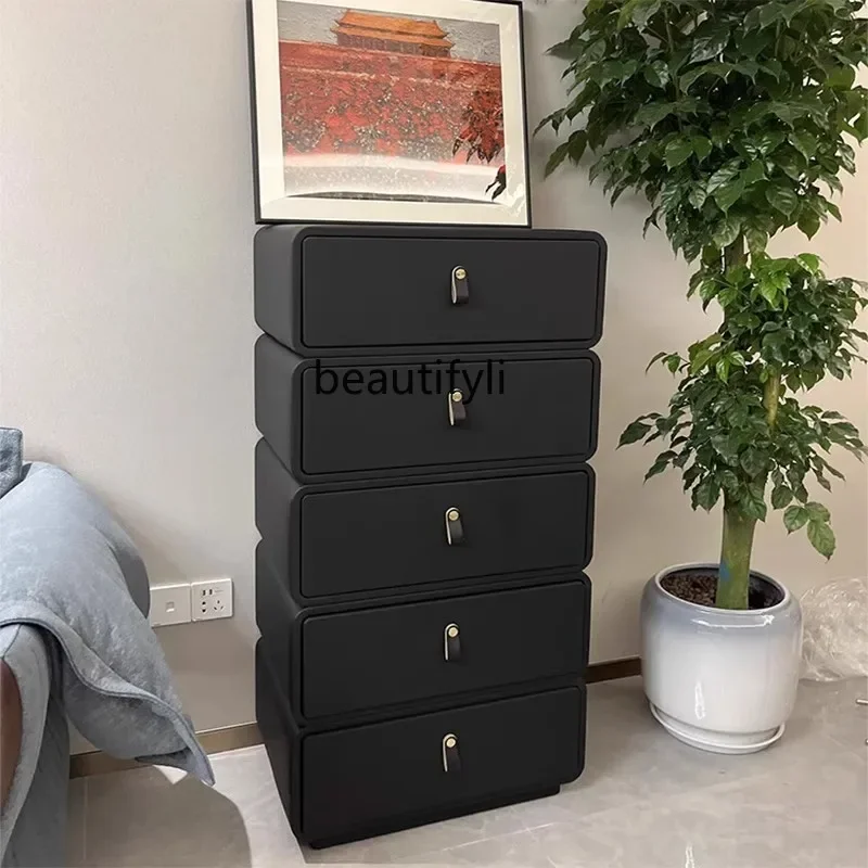All Solid Wood Living Room Wall Storage Cabinet Bedroom Leather Storage Cabinet Cream Style Creative