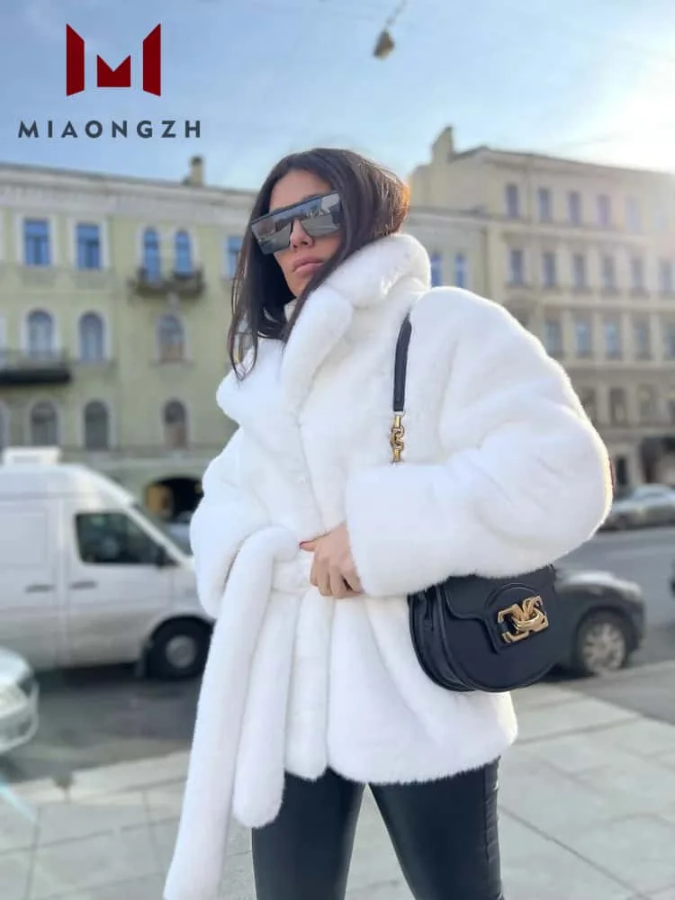 

Winter New White Fluffy Female Luxury Outerwear Overcoat Long Sleeve Lace Up Casual Coats Thick Faux Fur Elegant Street Jackets