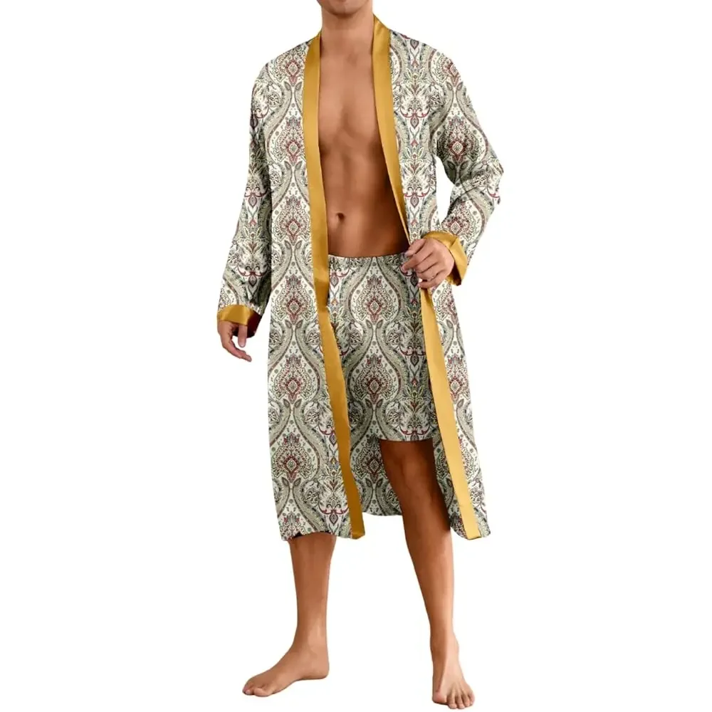 

Men's Satin Kimono Robe Set with Shorts, Silk Lightweight Bathrobe with Belt, Luxury Long Sleeve Sleepwear