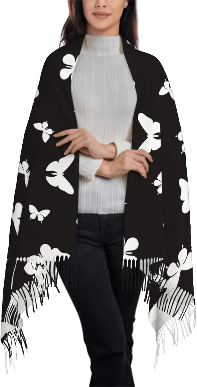 여성용 스카프 화이트 데이지 플로럴 수채화 꽃 그레이 스카프 태슬 스카프 가을 겨울 숄 랩 선물 일상 여행 사무실용