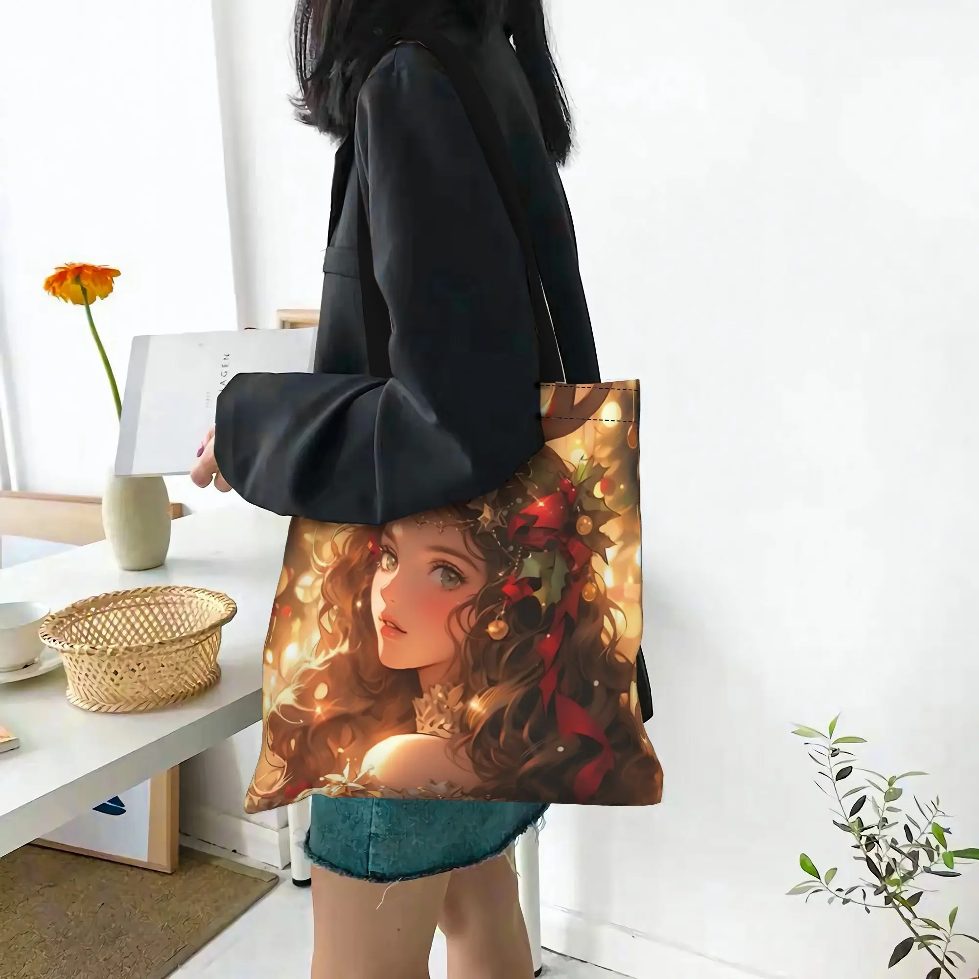Customized Anime Girl Christmas Wreath Women's Bag Shopping Bag Reusable Double Sided Canvas Tote Bag Shoulder  Handbag Its bags