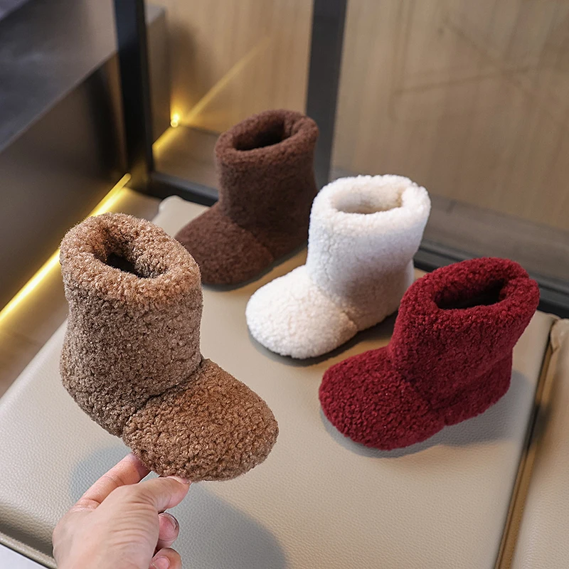

Новые зимние детские зимние сапоги, теплые хлопковые сапоги с меховой волосатой для девочек, однотонные нескользящие детские повседневные плюшевые ботильоны принцессы