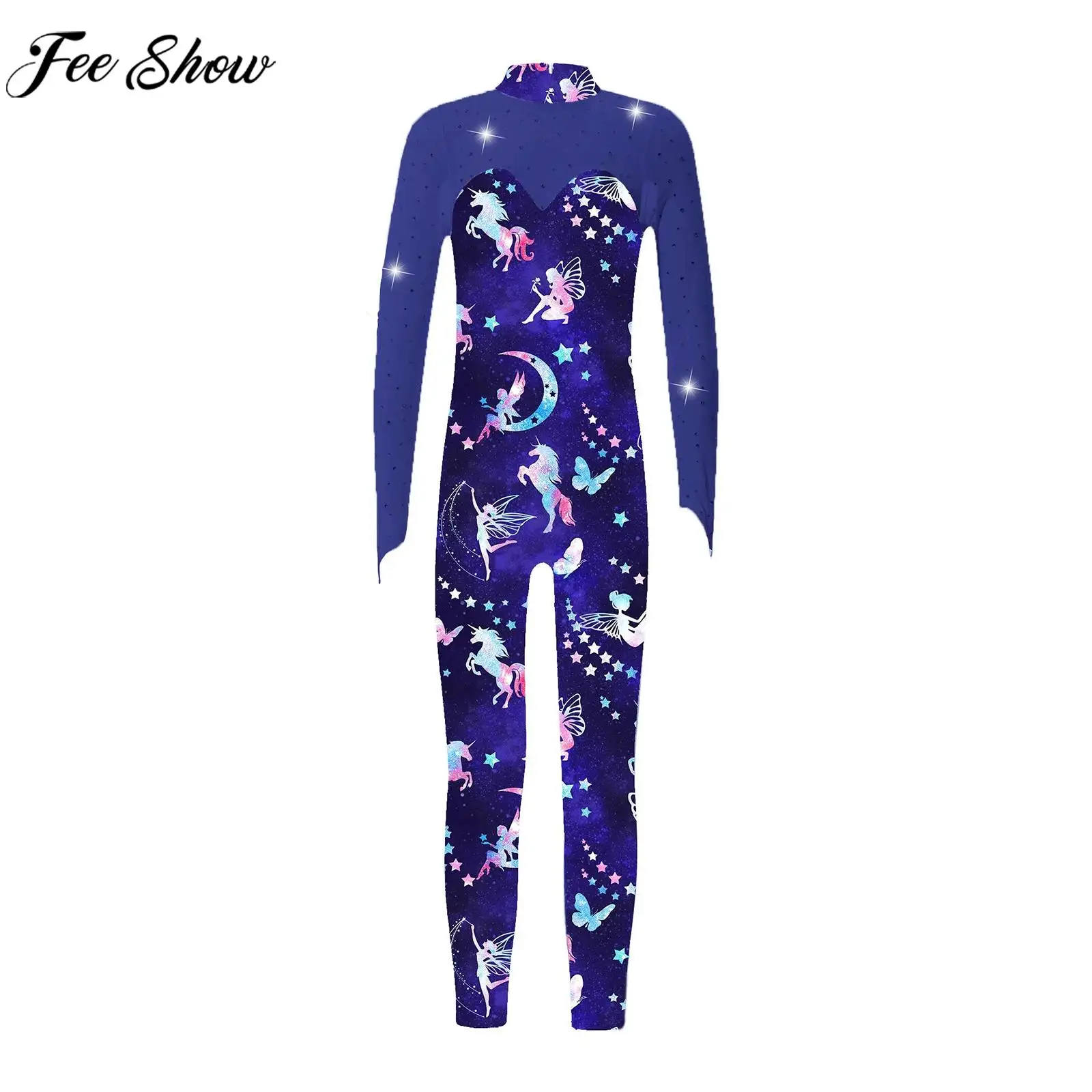 

Girls Figure Skating Performance Bodysuit Ballet Dance Gymnastic Leotard Long Sleeve Print Shiny Mesh Acrobatics Yoga Jumpsuit