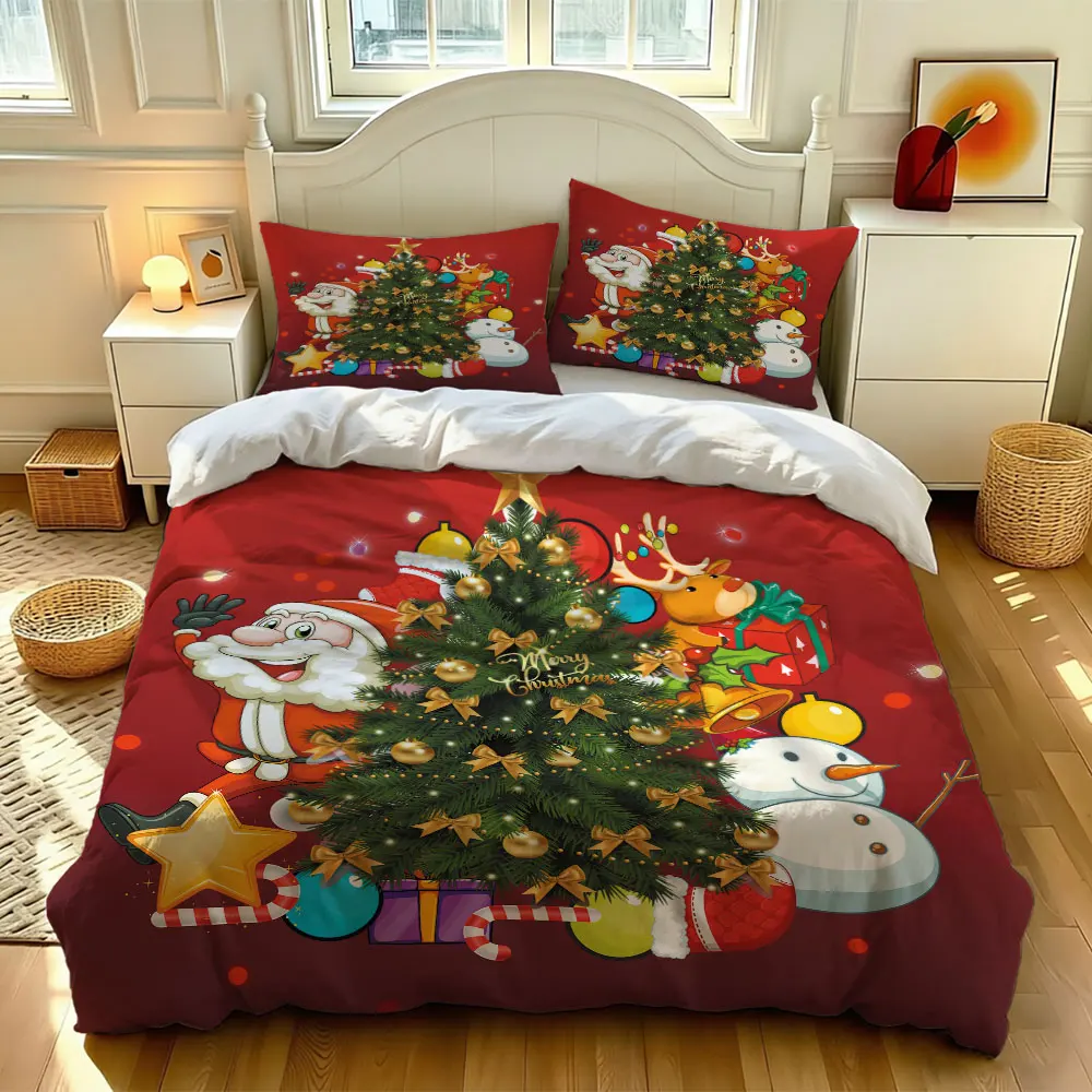 A set of 3 pieces (1 bedspread + 2 pillowcases) featuring Santa Claus, Christmas trees perfect for home decoration
